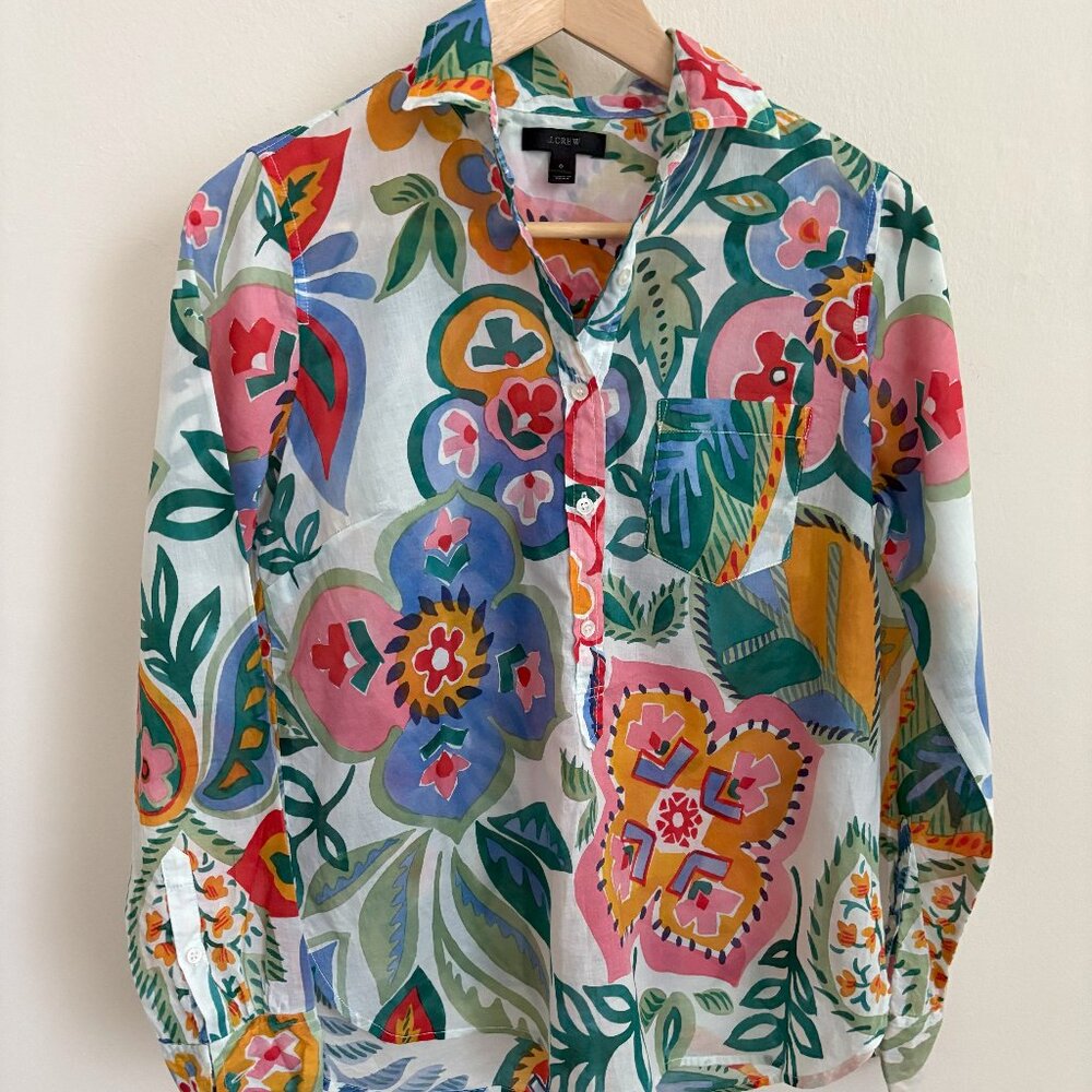 J. Crew Lightweight Floral Cotton Quarter Button Shirt - Size 0 - 100% Cotton